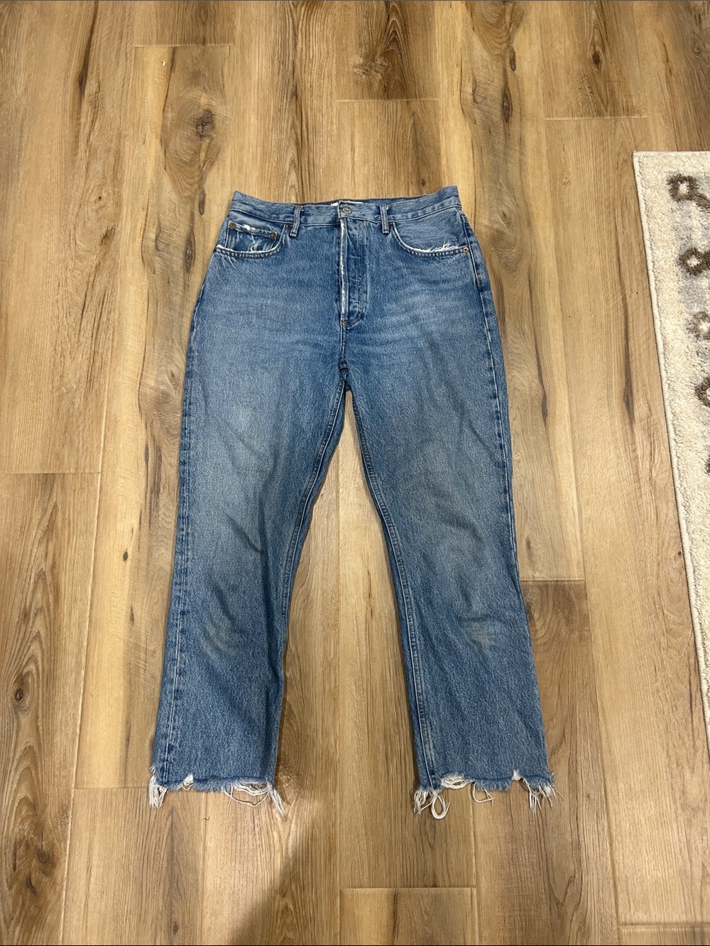 Agolde Medium Blue Straight Crop Raw Hem Jeans